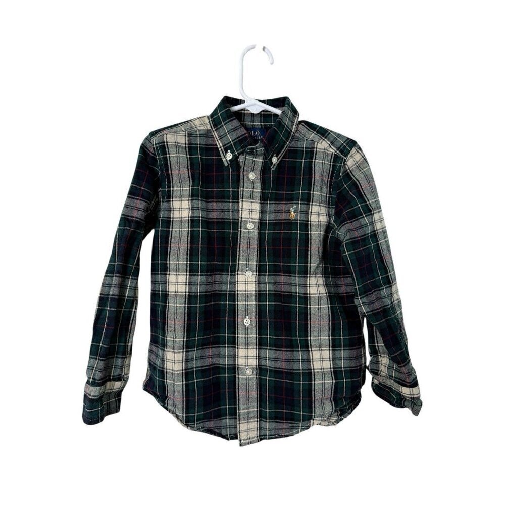 Polo Ralph Lauren Green Blue Ivory Plaid Boys Button Down Size 5 EUC
